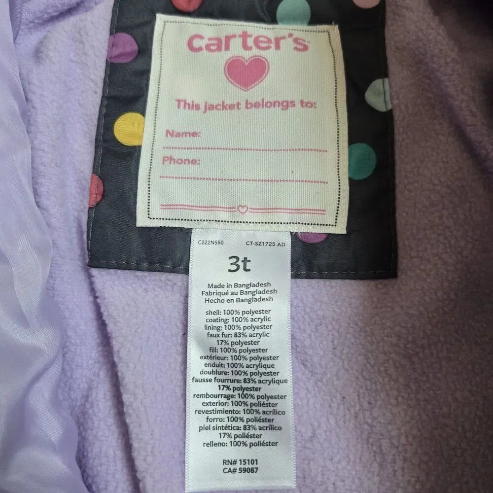 Carters Girls 3T Multicolor Polka Dot Puffer Coat Grey Faux Fur Hooded Jacket